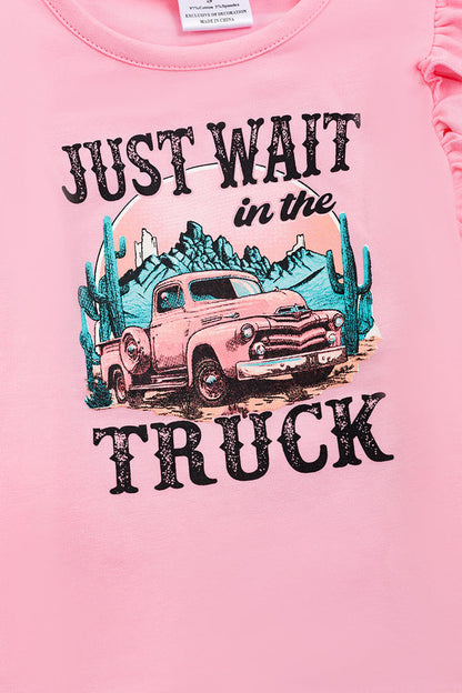 " PINK TRUCK PRINTED TOP & TURQUOISE DENIM SHORTS.