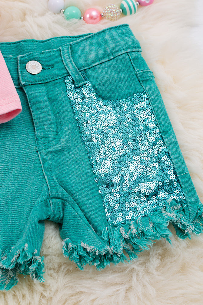 " PINK TRUCK PRINTED TOP & TURQUOISE DENIM SHORTS.