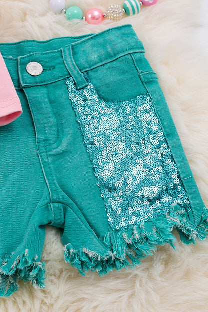 " PINK TRUCK PRINTED TOP & TURQUOISE DENIM SHORTS.
