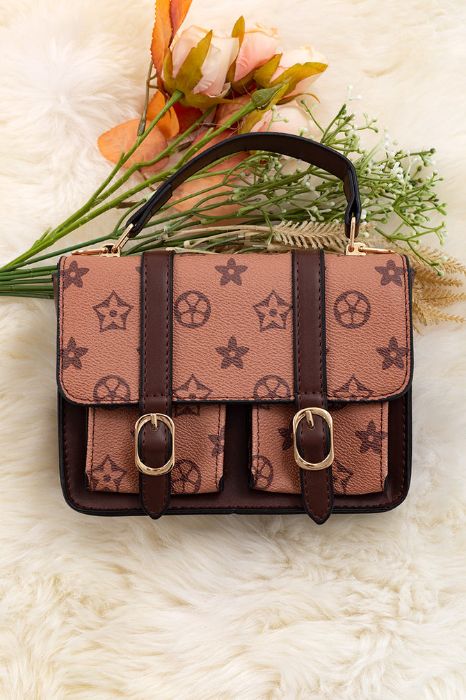 BLACK/TAN DOUBLE POCKET CROSSBODY PURSE.