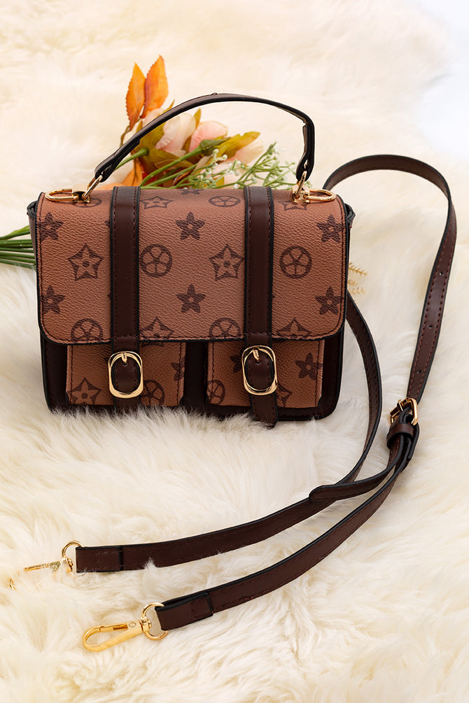 BLACK/TAN DOUBLE POCKET CROSSBODY PURSE.