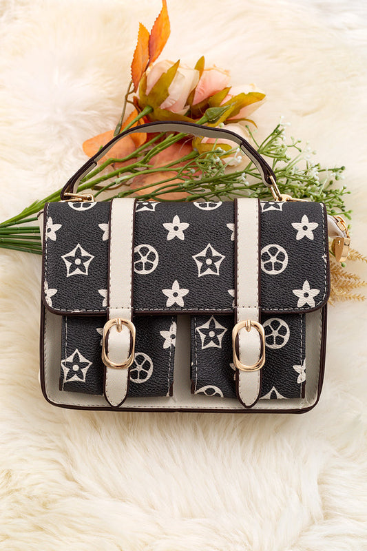 BLACK/TAN DOUBLE POCKET CROSSBODY PURSE.