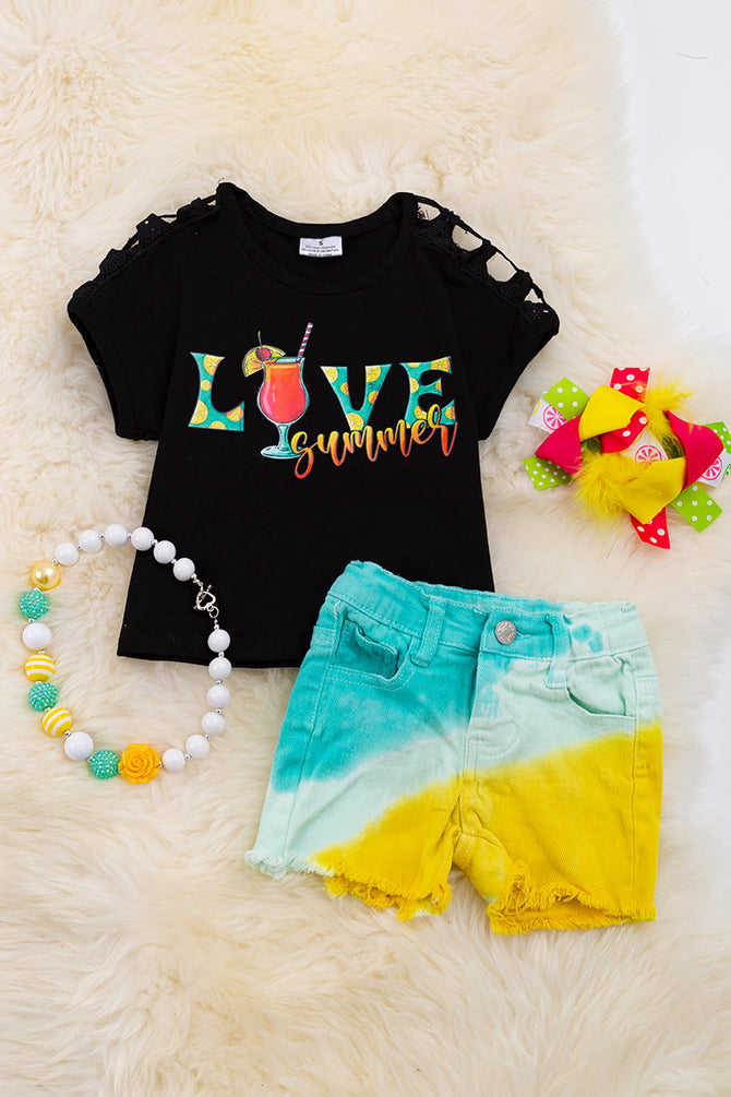 LOVE SUMMER🍹BLACK EMBROIDERED SLEEVE & TIE DYE DENIM SHORTS