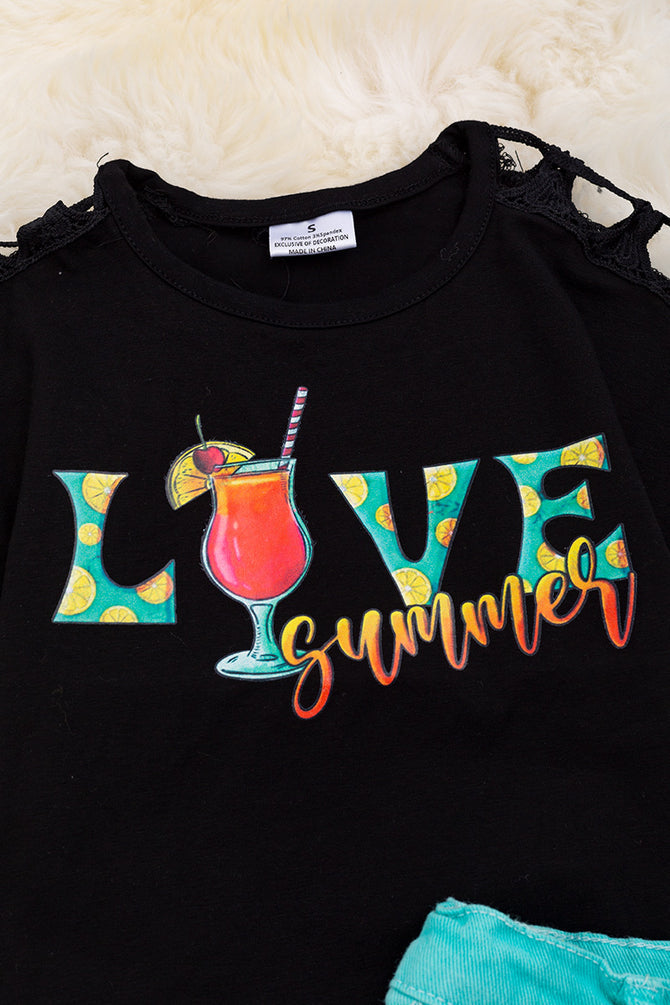LOVE SUMMER🍹BLACK EMBROIDERED SLEEVE & TIE DYE DENIM SHORTS