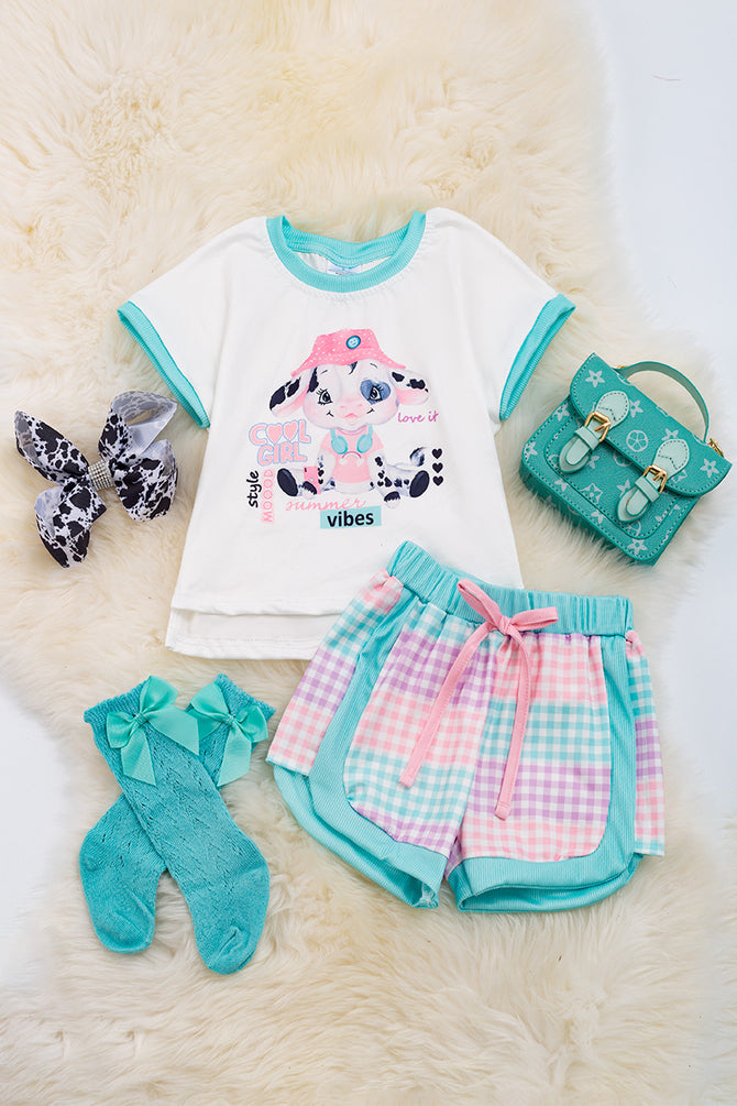 COOL GIRL" COW PRINTED WHITE TEE & GINGHAM PRINTED SHORTS