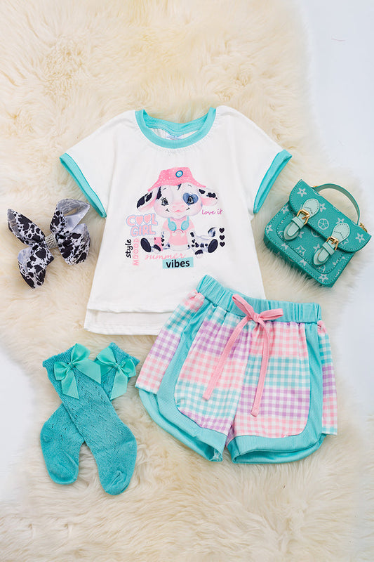 COOL GIRL" COW PRINTED WHITE TEE & GINGHAM PRINTED SHORTS