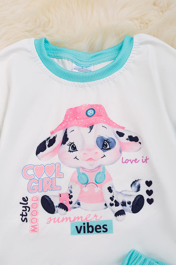 COOL GIRL" COW PRINTED WHITE TEE & GINGHAM PRINTED SHORTS