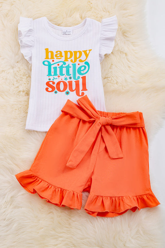 HAPPY SOUL" ANGEL SLEEVE TOP & ORANGE SHORTS WITH RUFFLE HEM