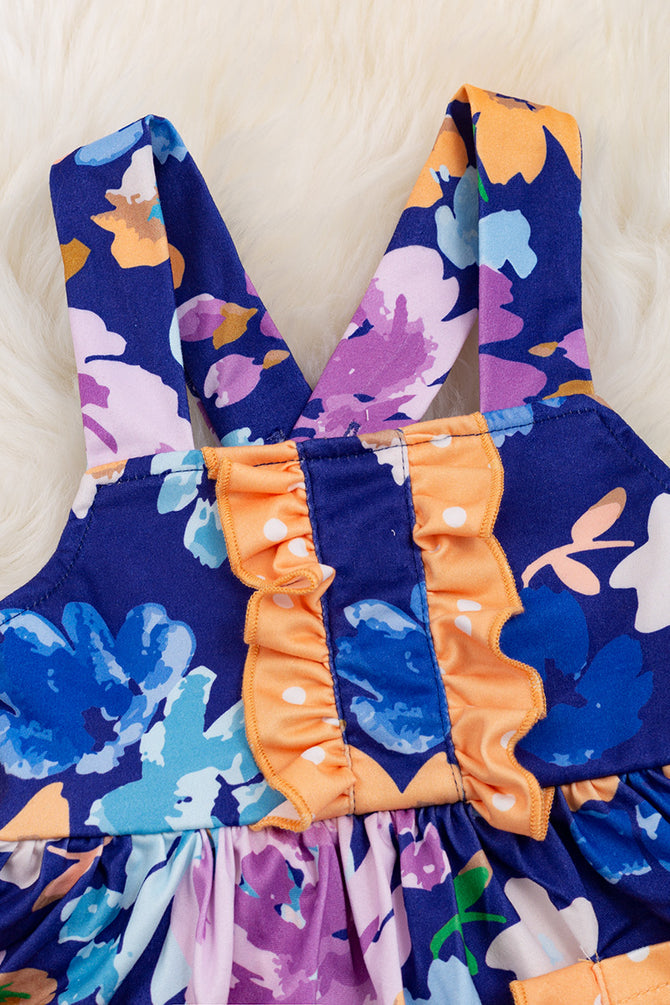 ROYAL BLUE FLORAL PRINTED BABY ONESIE/DRESS WITH SNAPS