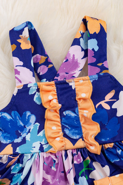 ROYAL BLUE FLORAL PRINTED BABY ONESIE/DRESS WITH SNAPS