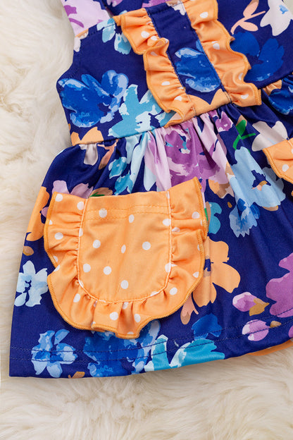 ROYAL BLUE FLORAL PRINTED BABY ONESIE/DRESS WITH SNAPS