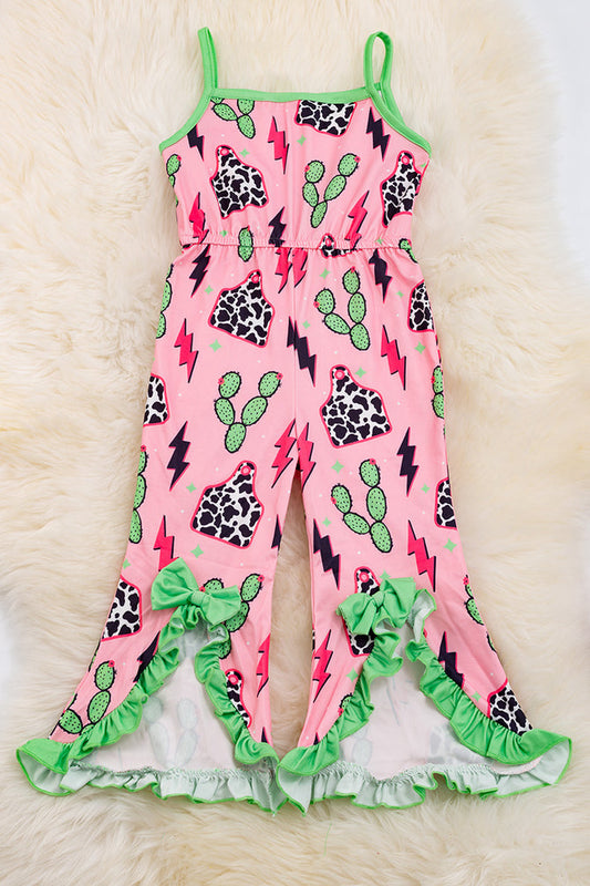 COW TAG, CACTUS PRINTED ROMPER WITH GREEN BOW DETAI