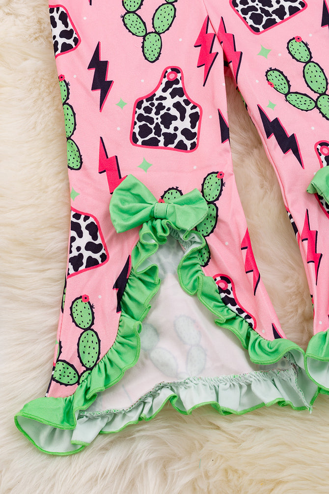 COW TAG, CACTUS PRINTED ROMPER WITH GREEN BOW DETAI