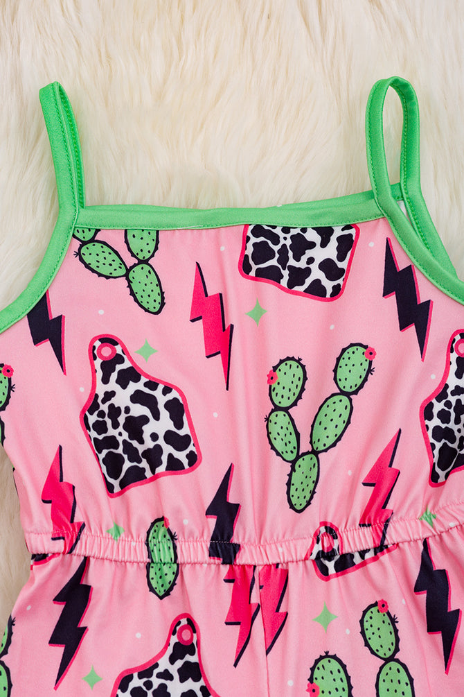 COW TAG, CACTUS PRINTED ROMPER WITH GREEN BOW DETAI