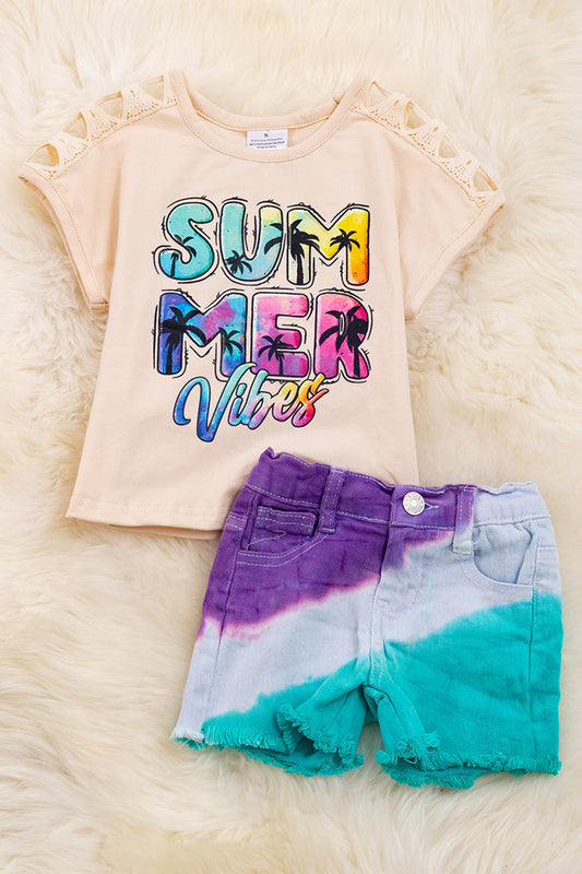 SUMMER VIBES CREAM EMBROIDERED SLEEVE & TIE DYE DENIM SHORTS