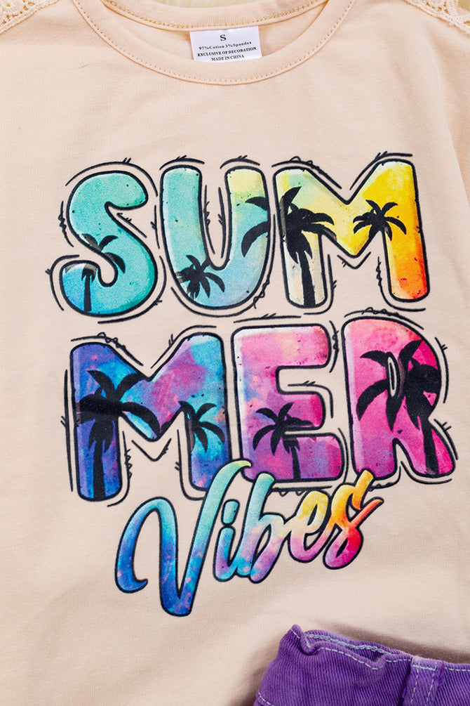 SUMMER VIBES CREAM EMBROIDERED SLEEVE & TIE DYE DENIM SHORTS