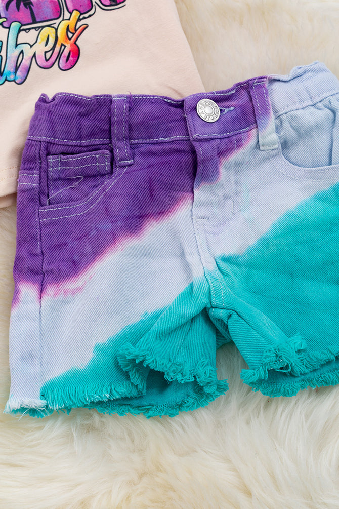 SUMMER VIBES CREAM EMBROIDERED SLEEVE & TIE DYE DENIM SHORTS