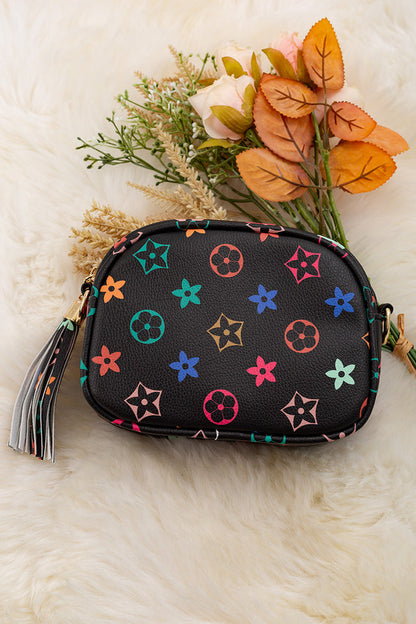 KHAKI STAR PRINTED MINI PURSE WITH WIDE STRAP.