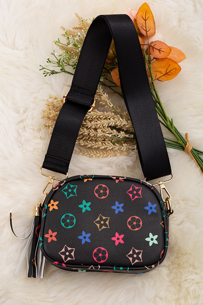 KHAKI STAR PRINTED MINI PURSE WITH WIDE STRAP.