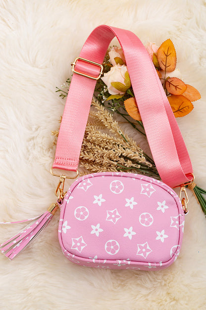 KHAKI STAR PRINTED MINI PURSE WITH WIDE STRAP.