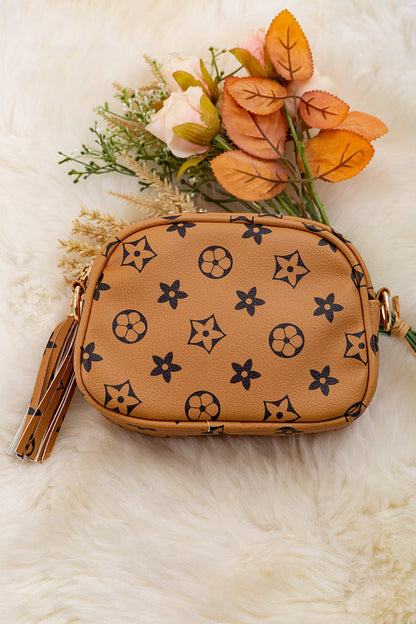 KHAKI STAR PRINTED MINI PURSE WITH WIDE STRAP.