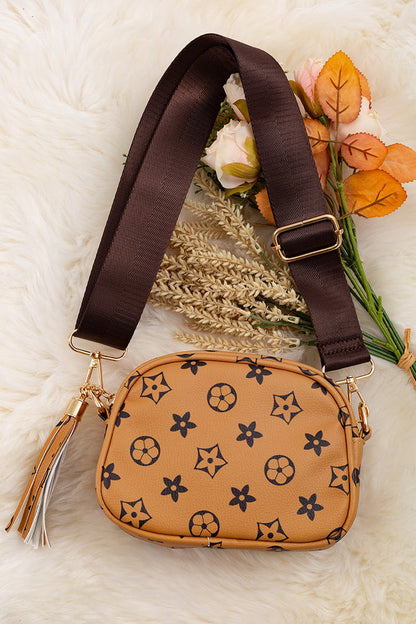 KHAKI STAR PRINTED MINI PURSE WITH WIDE STRAP.