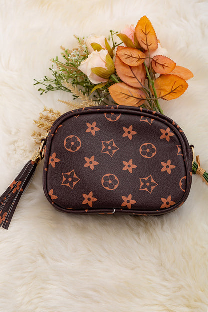 KHAKI STAR PRINTED MINI PURSE WITH WIDE STRAP.