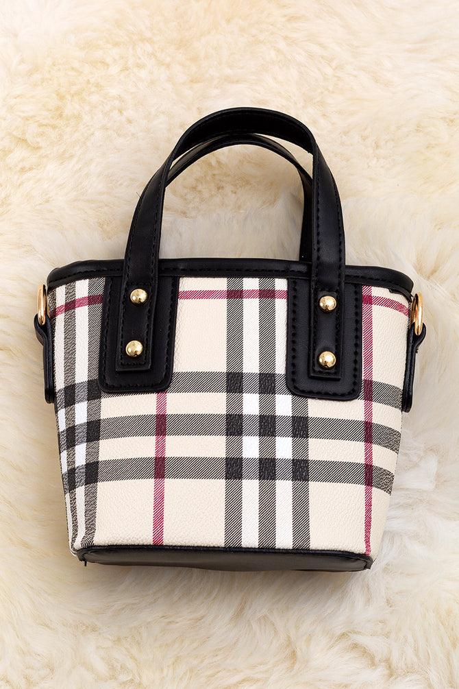 PLAID PRINTED MINI TOTE BAG WITH BLACK TRIM
