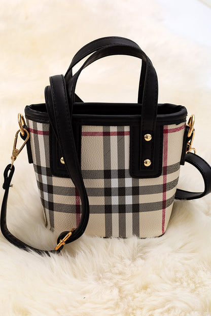 PLAID PRINTED MINI TOTE BAG WITH CARAMEL TRIM.