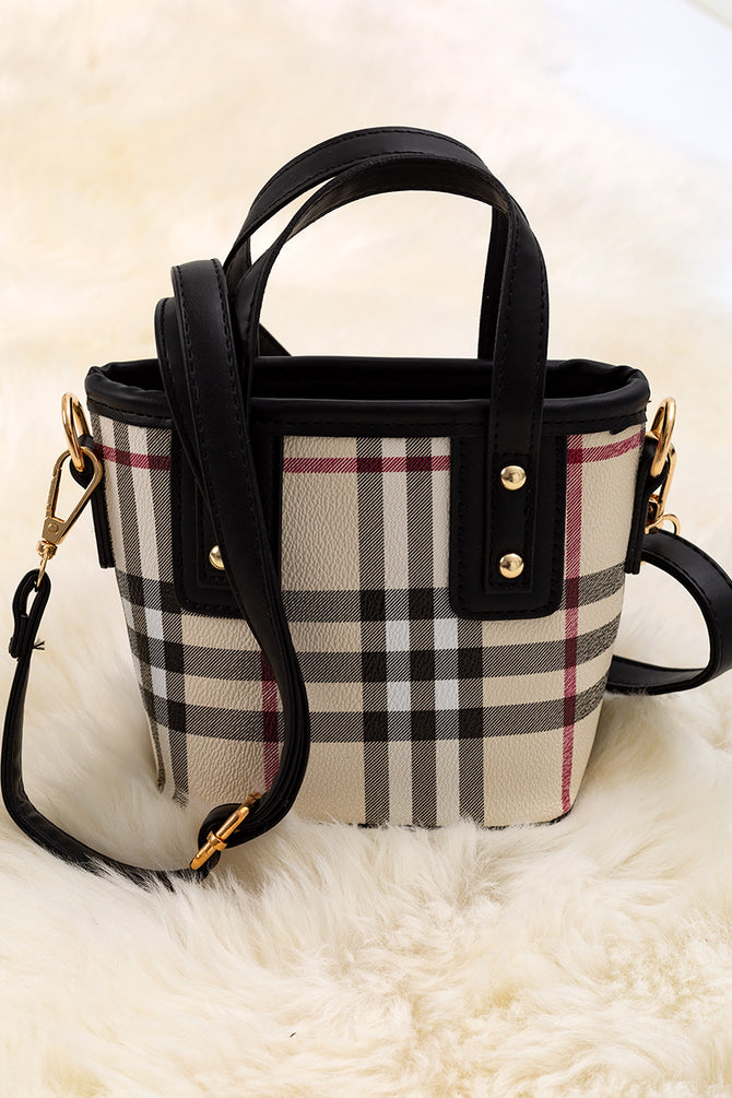 PLAID PRINTED MINI TOTE BAG WITH BLACK TRIM