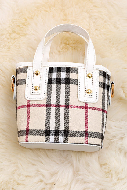 PLAID PRINTED MINI TOTE BAG WITH BLACK TRIM