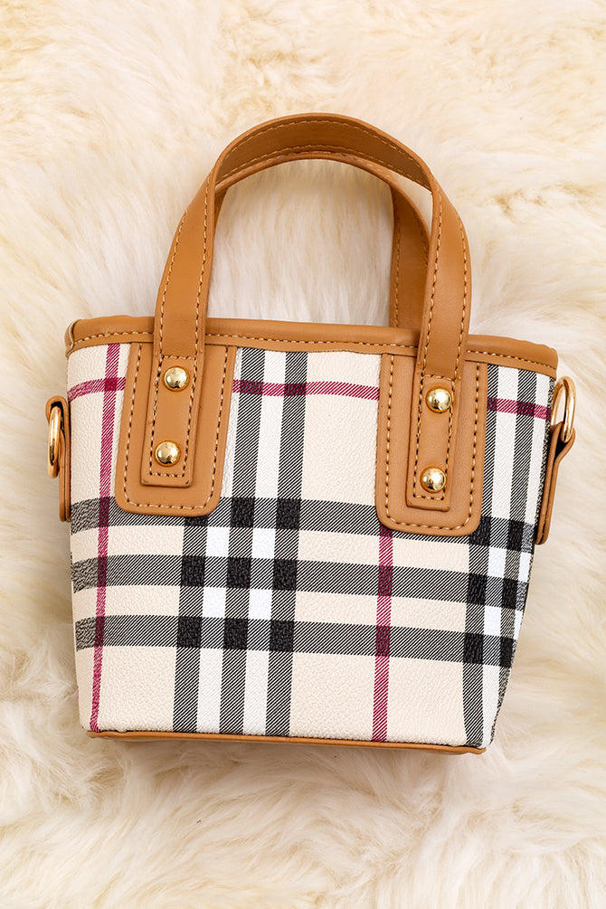 PLAID PRINTED MINI TOTE BAG WITH BLACK TRIM