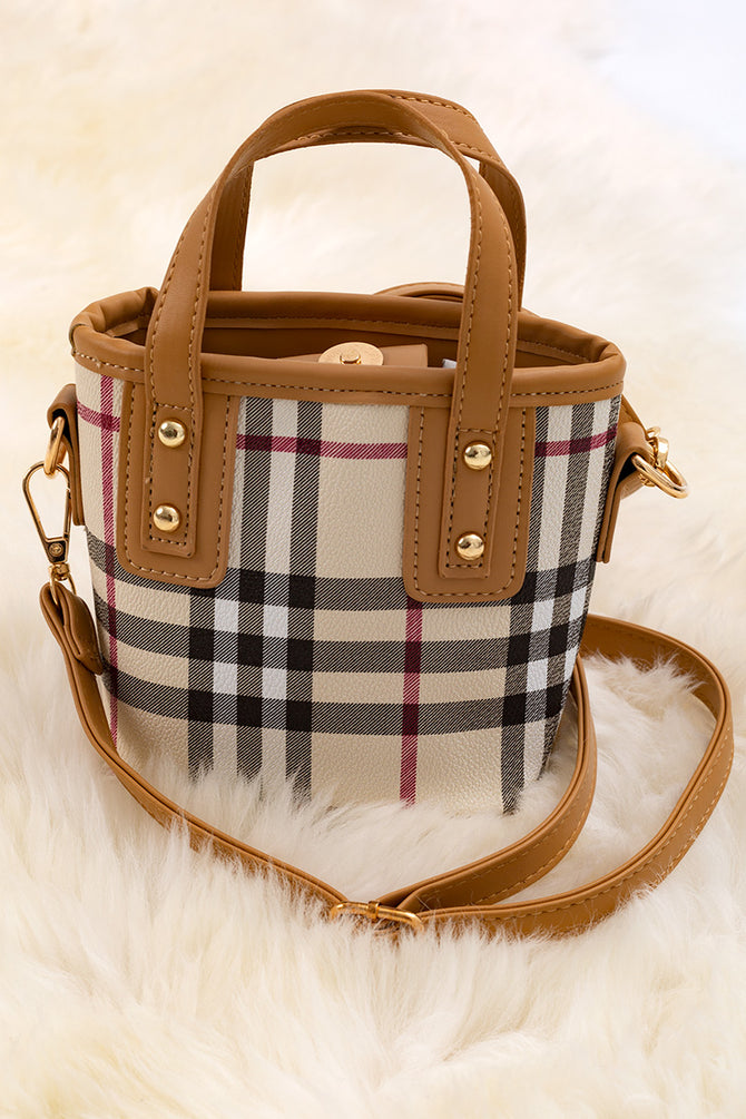 PLAID PRINTED MINI TOTE BAG WITH BLACK TRIM