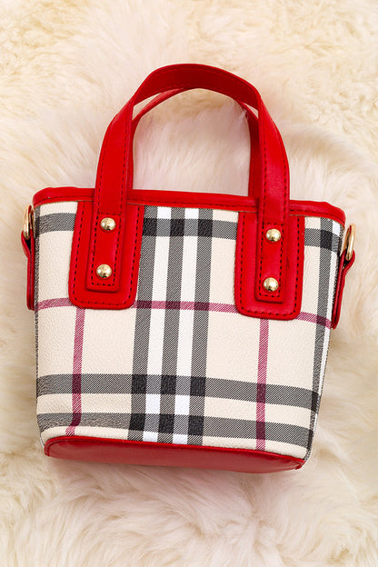 PLAID PRINTED MINI TOTE BAG WITH CARAMEL TRIM.