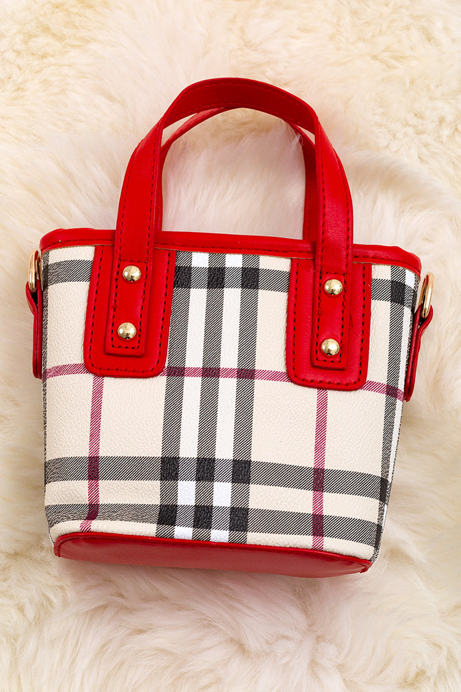 PLAID PRINTED MINI TOTE BAG WITH BLACK TRIM