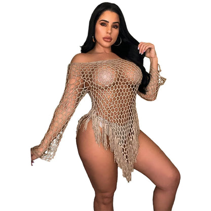 Crochet Fringe Net See-Through Beach Dress