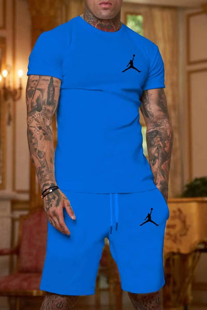 Royal Blue Casual Patchwork Short Sleeve Two Piece Set