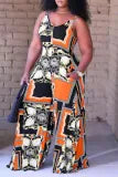Sexy Casual Print Backless V Neck Plus Size Jumpsuits