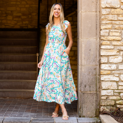 Turquoise Floral Print Dress with Pockets