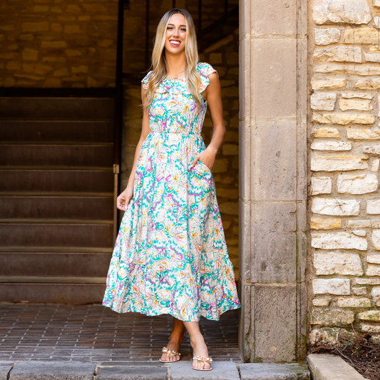 Turquoise Floral Print Dress with Pockets
