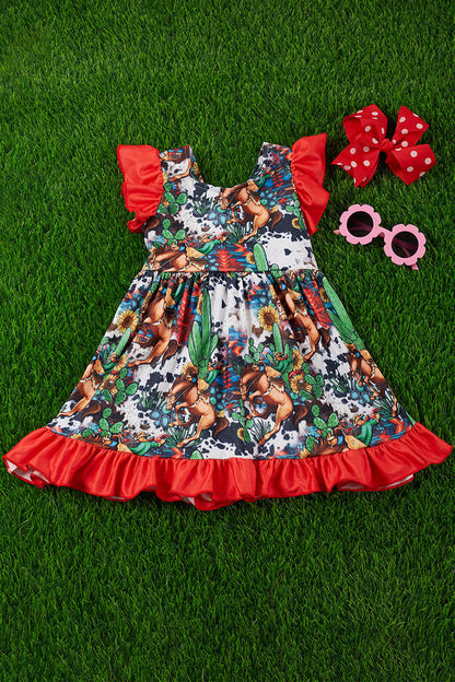 HORSE RIDER WESTERN PRINTED RUFFLE DRESS