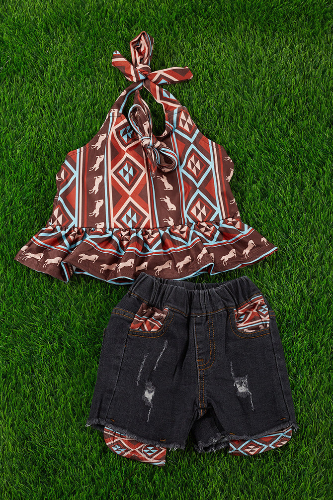 GEOMETRIC PRINTED HALTER TOP & BLACK DEIM SHORTS