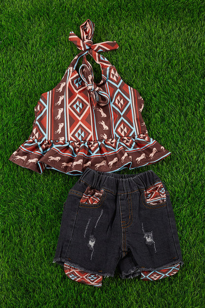 GEOMETRIC PRINTED HALTER TOP & BLACK DEIM SHORTS