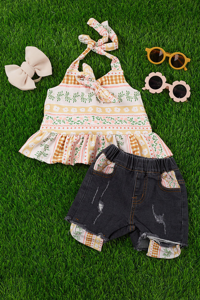 MULTI/ FLORAL PRINTED HALTER TOP & BLACK WASHED DENIM SHORTS