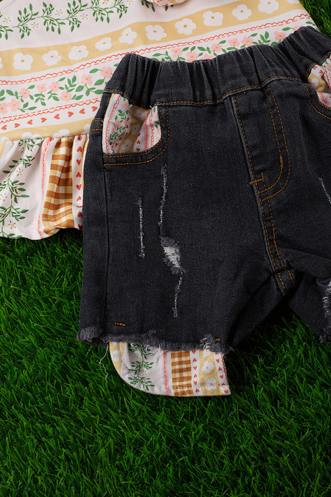MULTI/ FLORAL PRINTED HALTER TOP & BLACK WASHED DENIM SHORTS