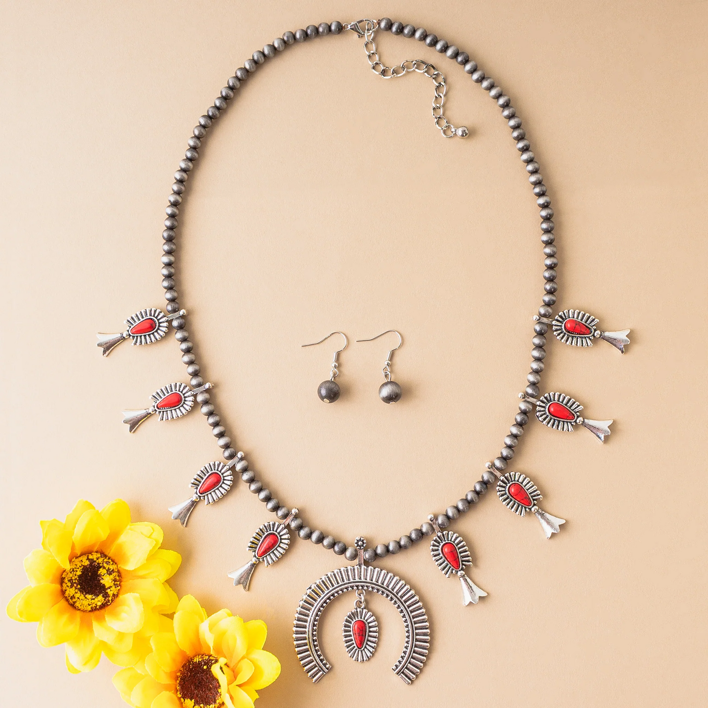 Red & Silver Squash Blossom Necklace Set