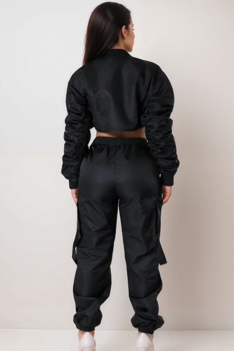 Nylon Cropped Cargo Bomber Jacket and Jogger Pant