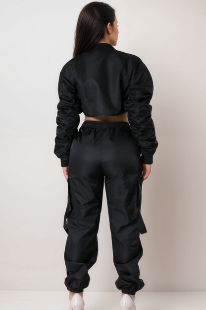 Nylon Cropped Cargo Bomber Jacket and Jogger Pant