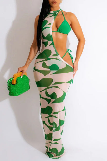 Green Sexy Hollowed Patchwork Dress(Without Underwear)