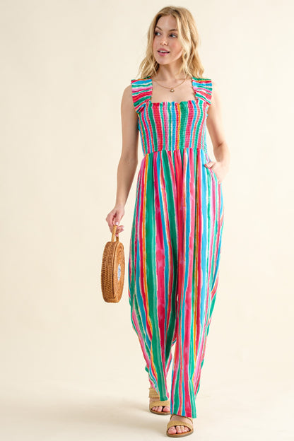 The  Striped Smocked Sleeveless Jumpsuit